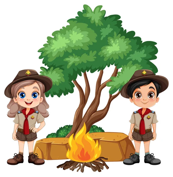 Kempingi Kid Cartoon Character Campfire Ilustracja — Wektor stockowy