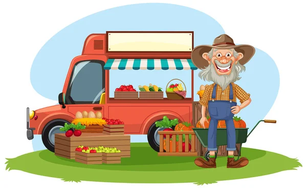 stock vector Old Farmer Selling Fresh Fruits from Food Truck illustration