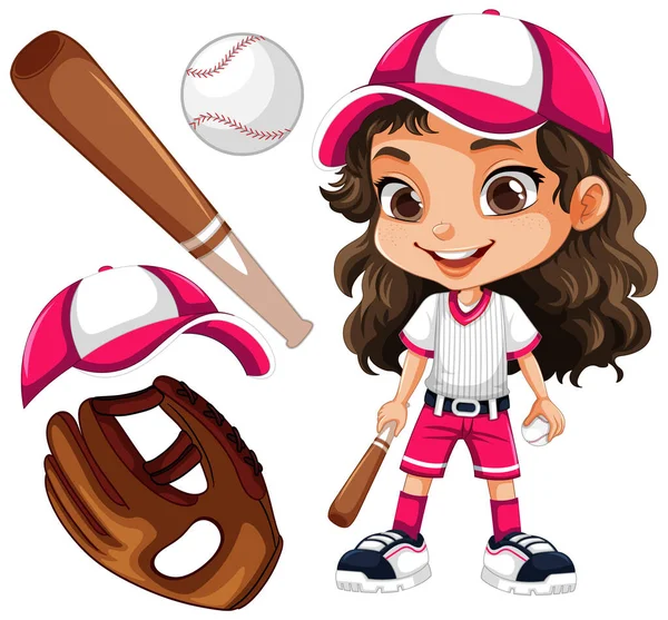 Nettes Mädchen Baseball Outfit Mit Baseball Sportobjekten Illustration — Stockvektor