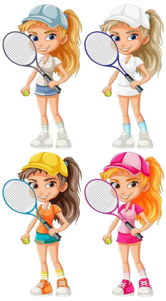 美しい女性テニスプレーヤー漫画のキャラクターイラスト — ストックベクタ