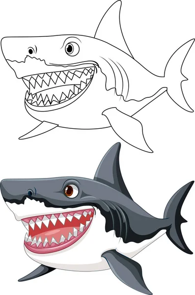 Desenho Animado Ilustração Grande Tubarão Branco Com Dentes Grandes Sorrindo — Vetor de Stock