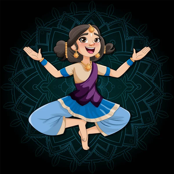 マンダラの背景イラストと伝統文化衣装のインドの漫画のキャラクター — ストックベクタ