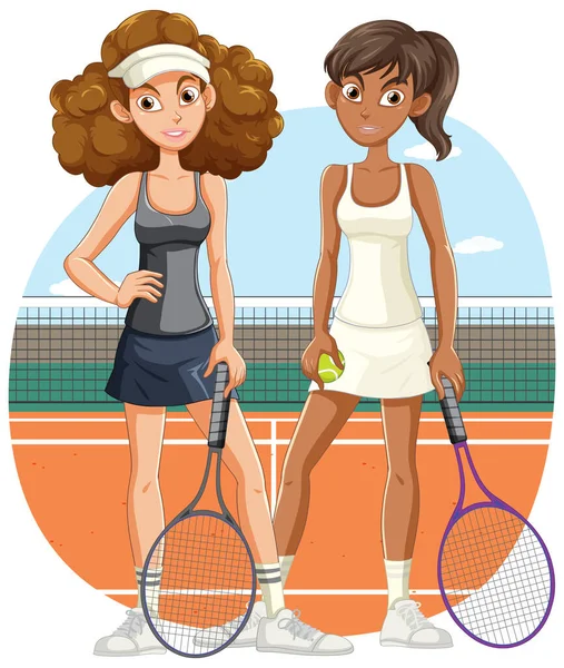 Two Women Tennis Players Court Illustration — Stock Vector