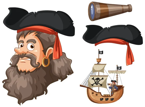 Personagem Desenho Animado Pirata Isolado Com Elemento Conjunto Ilustração — Vetor de Stock
