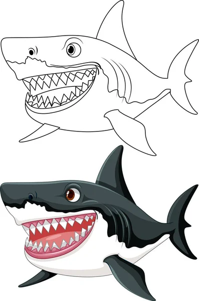 Uma Ilustração Desenho Animado Grande Tubarão Branco Com Dentes Grandes — Vetor de Stock