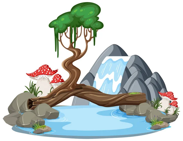 Водопад Деревом Стиле Мультфильма — стоковый вектор
