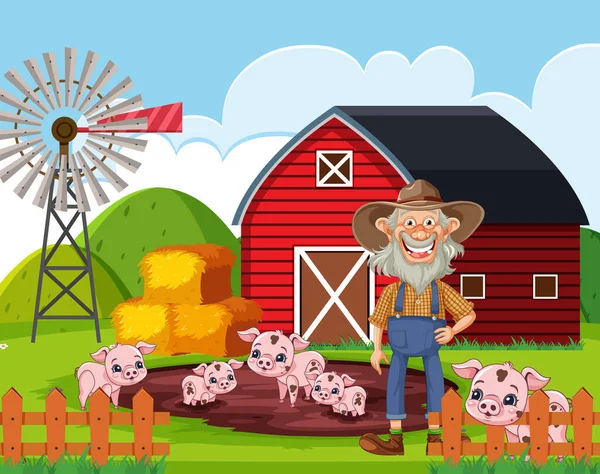 Velho Agricultor Cena Fazenda Ilustração — Vetor de Stock