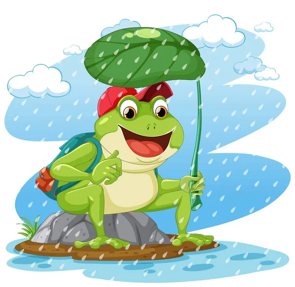 Green Frog Cartoon Character Holding Leaf Umbrella Illustration — Stock Vector