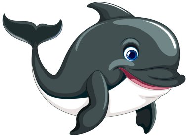 Beyaz bir arkaplanda yüzen ve gülümseyen bir yunusun vektör çizimi.