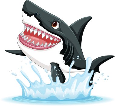 Kocaman dişleri olan beyaz köpekbalığının karikatür çizimi. Sudan bir gülümseme çizimi ile fırlıyor.