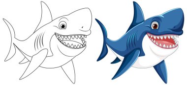 Büyük beyaz köpekbalığının karikatür çizimi. Kocaman dişleri olan, gülümseyen ve yüzen, beyaz tenli.