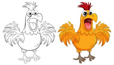 Beyaz arka planda izole edilmiş, çıldırmış bir tavuğun çizgi film çizimi