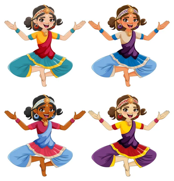 Personaggi Dei Cartoni Animati Indiani Abiti Culturali Tradizionali Set Illustrazione — Vettoriale Stock