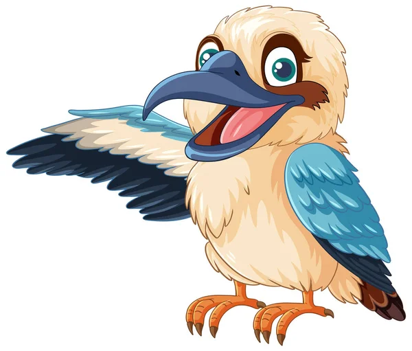 Kreslený Obrázek Usměvavého Ptáka Kookaburra Jedním Křídlem Otevřeným Izolovaný Bílém — Stockový vektor