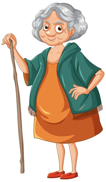 Amable Personaje Dibujos Animados Anciana Con Ilustración Palo Leñoso — Archivo Imágenes Vectoriales