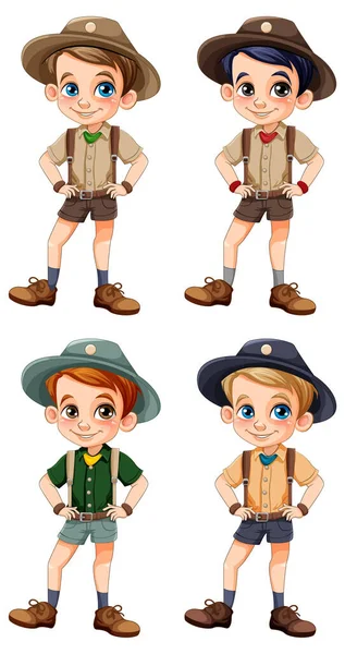 Set Boy Scout Cartoon Character Illustration — Stock Vector