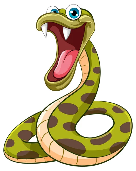 開いた口と大きな鋭い歯を持つ緑のポルカドットヘビの漫画のイラスト 白い背景に隔離されました — ストックベクタ