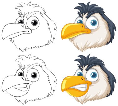 A set of cartoon owl heads with different emotions and outline