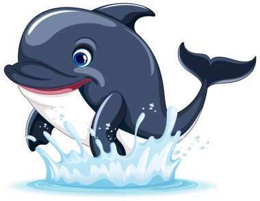 A cartoon illustration of a dolphin smiling and jumping out of the water, isolated on a white background