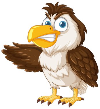 An angry owl stands with one wing open, isolated on a white background