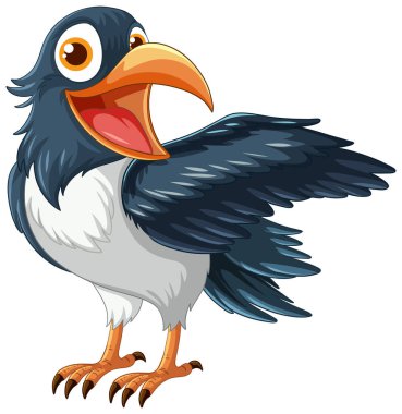 A vector cartoon illustration of a smiling raven standing with one wing open, isolated on a white background illustration