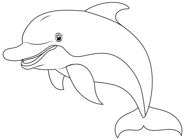 A cartoon illustration of a dolphin jumping and smiling, isolated on a white background