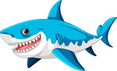 A cartoon illustration of a great white shark smiling and swimming in a blue colour, isolated on white illustration
