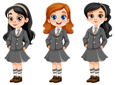 Farklı ırklardaki tatlı kız üniformalı öğrenci çizimi.