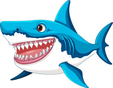 A cartoon illustration of a great white shark swimming and smiling, isolated on a white background illustration