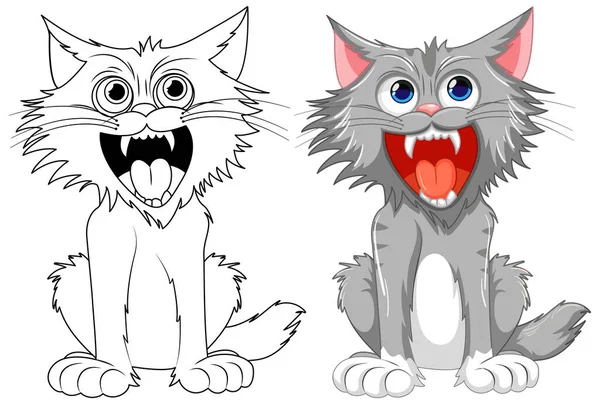 Vector Cartoon Illustration Cat Open Mouth Sharp Teeth Isolated White — Stock Vector