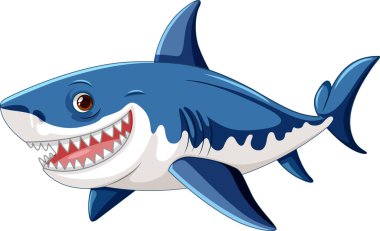 Büyük beyaz köpekbalığının karikatür çizimi, büyük dişleri olan, yüzen ve gülümseyen beyaz bir resimde izole edilmiş.