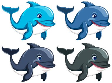 Dört yunus yüzüyor ve gülümsüyor, beyaz bir arka planda izole edilmiş..