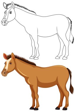 Beyaz üzerine izole edilmiş, boyamaya hazır kahverengi bir atın vektör çizimi.