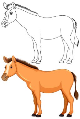 Beyaz üzerinde izole bir şekilde duran kahverengi atın vektör çizimi.