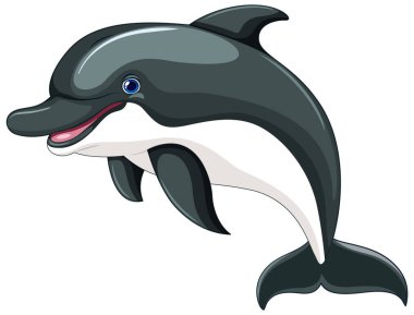 Beyaz bir arka planda izole edilmiş zıplayan ve gülümseyen bir yunusun vektör çizimi.