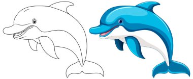 A cartoon illustration of a dolphin jumping and smiling, isolated on a white background