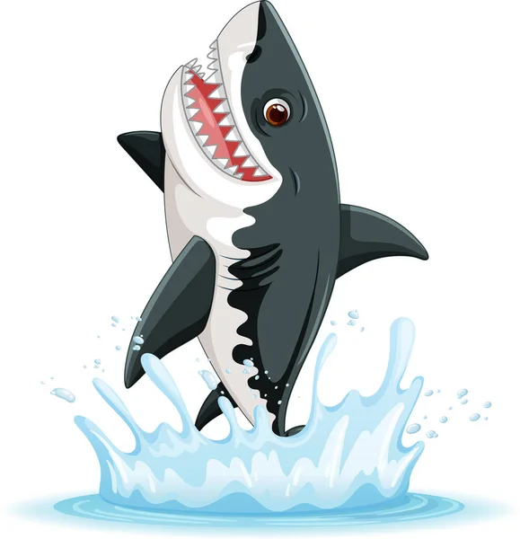 Cartoon Illustration Great White Shark Big Teeth Leaping Out Water — Stock Vector