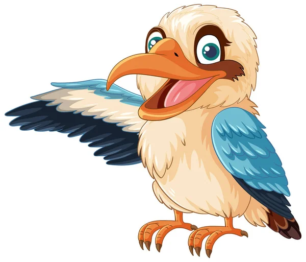 Карикатурная Иллюстрация Улыбающейся Птицы Кукабурра Стоящей Открытым Крылом Белом Фоне — стоковый вектор