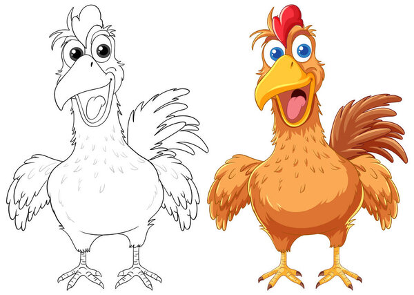 Outline of a happy brown chicken cartoon, perfect for coloring pages