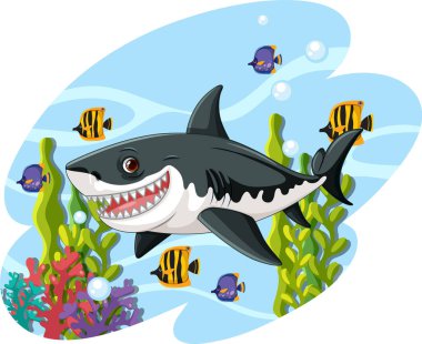 Büyük beyaz köpek balığının karikatür çizimi. Kocaman dişleri olan, mercan ve diğer balık resimleriyle suyun altında yüzen ve gülümseyen bir köpek balığı.