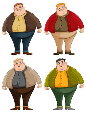 Dört aşırı kilolu gülümseyen genç adamın beyaz üzerinde izole bir şekilde durduğunu gösteren vektör çizimi.