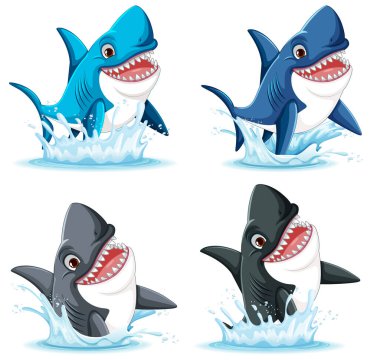 Kocaman dişleri olan, gülümseyen ve sudan fırlayan büyük beyaz köpekbalığının vektör çizimi.