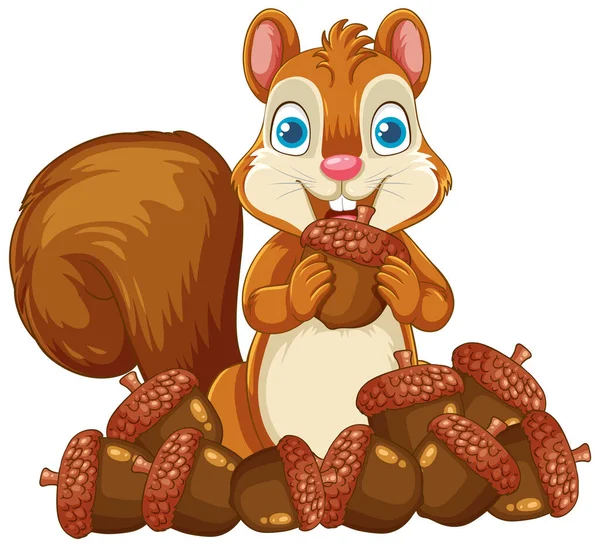 Ein Fröhliches Cartoon Eichhörnchen Umgeben Von Eicheln Isoliert Auf Weißem — Stockvektor