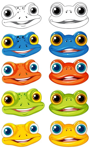 Group Cartoon Frog Faces Different Colors Smiling Isolated White Background — Stock Vector