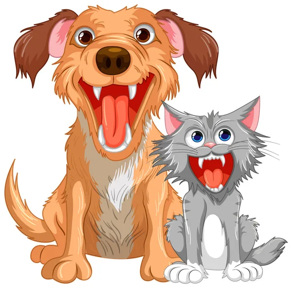 Uma Ilustração Desenho Animado Gato Cão Com Dentes Afiados Descascando —  Vetores de Stock