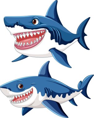 Büyük dişleri olan beyaz köpek balıkları beyaz bir arkaplanda izole bir şekilde gülümsüyor ve yüzüyorlar.