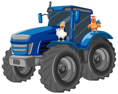 Traktörün üzerinde duran tavuk ve ördeğin çizgi film çizimi.
