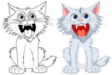 Açık ağızlı ve keskin dişli vahşi bir kedinin beyaz arka planda izole edilmiş bir çizgi film çizimi.