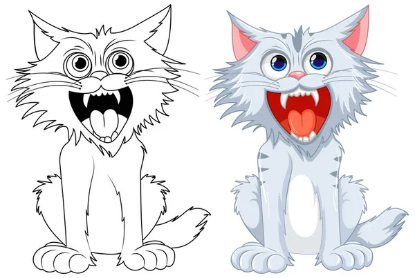Desenhos Animados Ilustração Gato Feroz Com Uma Boca Aberta Dentes — Vetor de Stock