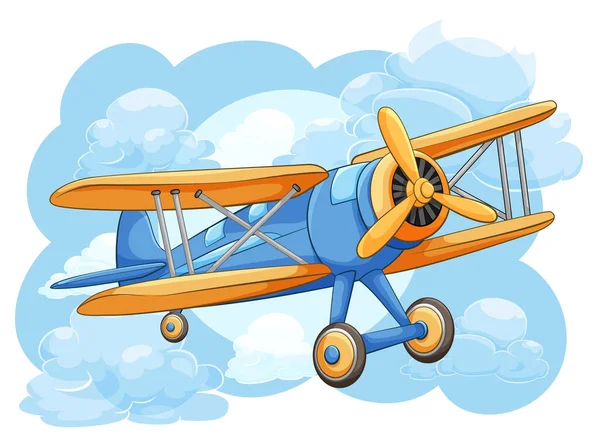 Классический Винтажный Самолет Летит Небе Полном Облаков Стиле Векторной Карикатуры — стоковый вектор
